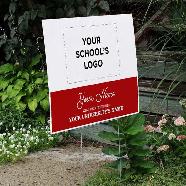 College Bound with School Logo Graduation Yard Sign Next to Stairs