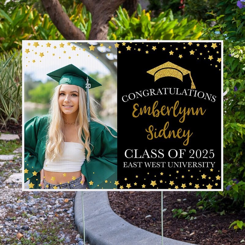 Star Border Graduation Yard Sign displayed by pavement