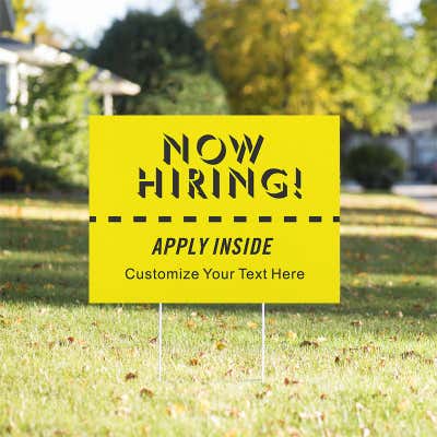 Custom Yellow Now Hiring Yard Sign - alternate view