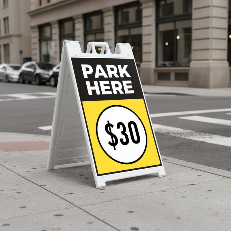 A $30 park here sandwich board sign displayed by a parking garage