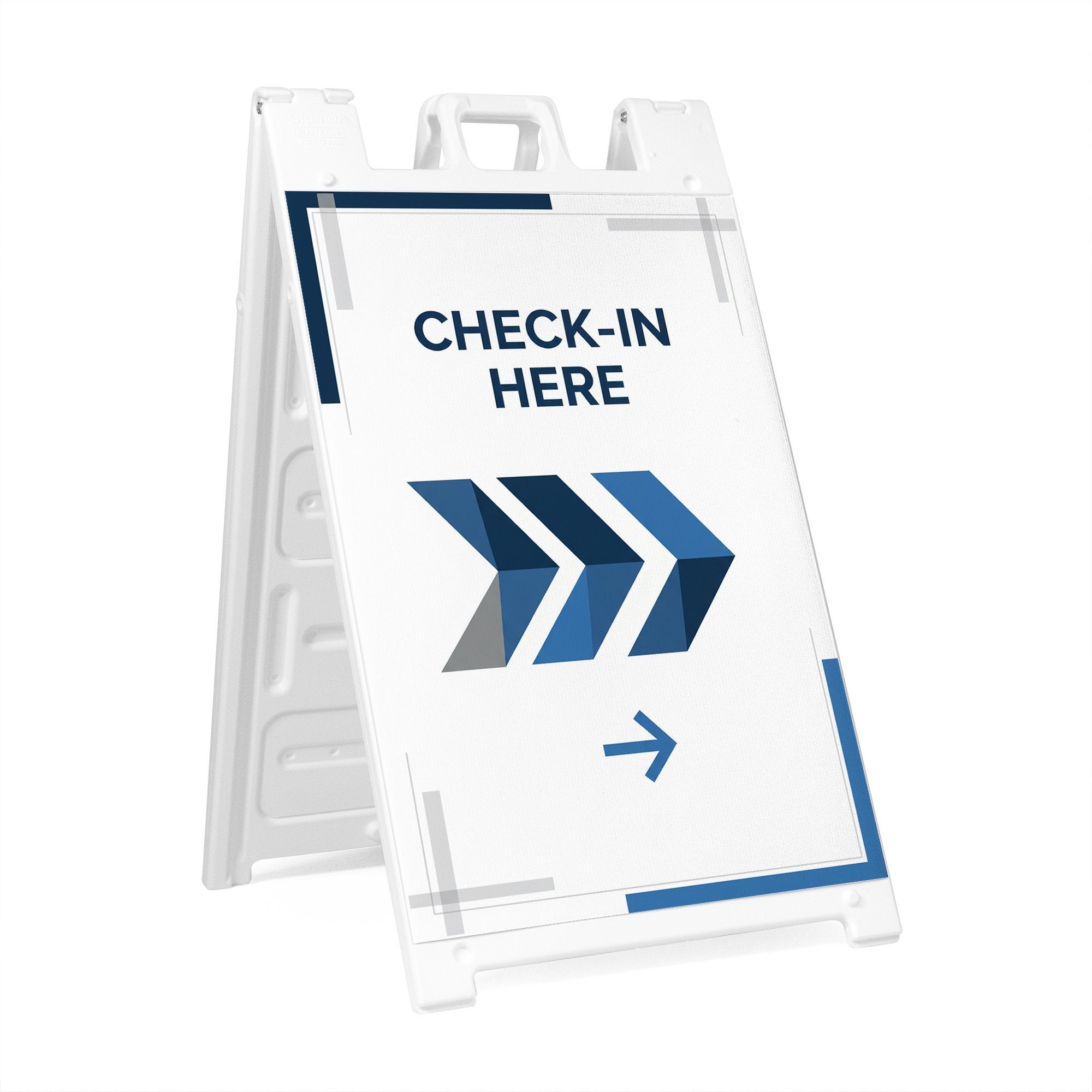 A custom sandwich board sign with an arrow directing to a check-in A custom sandwich board sign with an arrow directing to a check-in