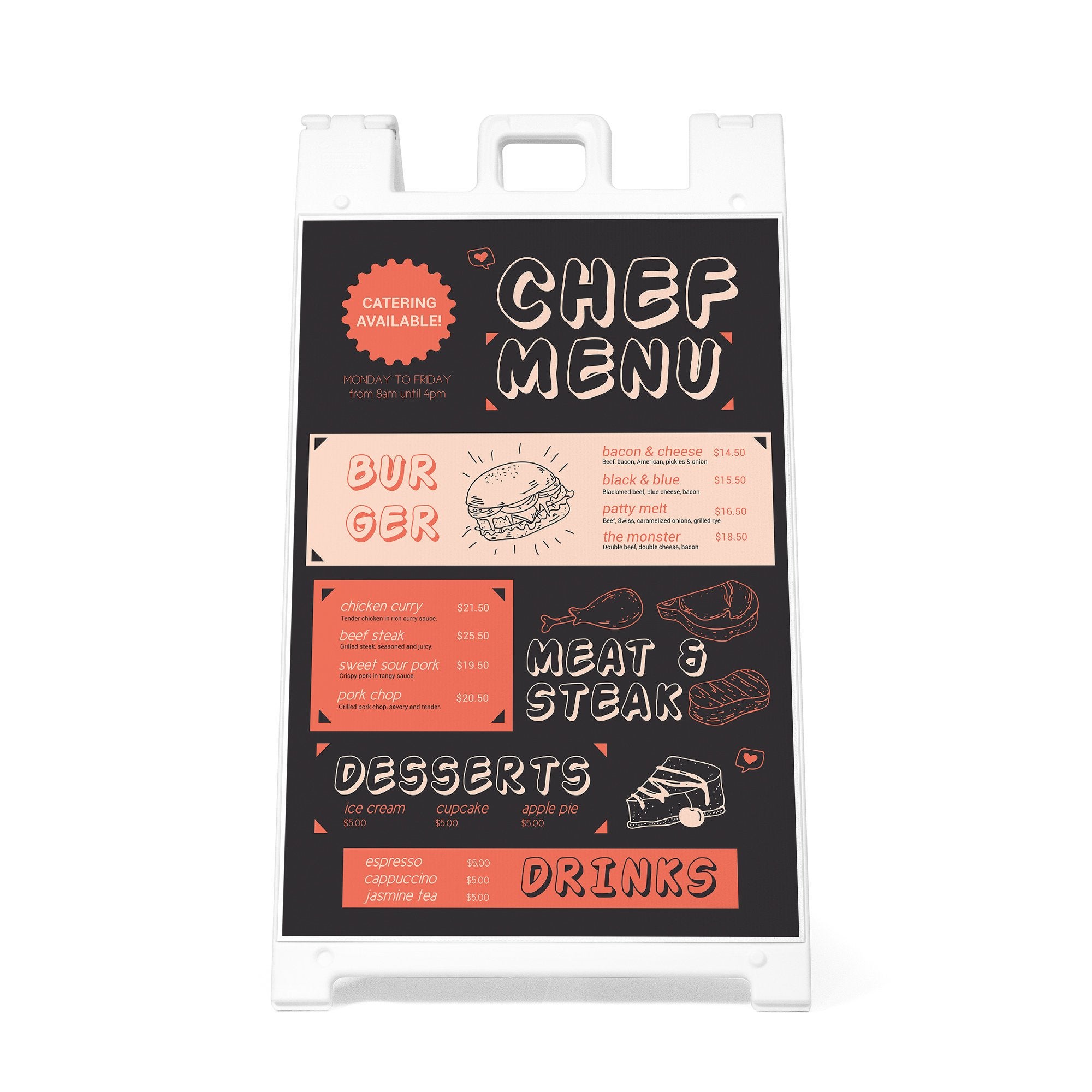 A sandwich board sign for a restaurant menu A sandwich board sign for a restaurant menu