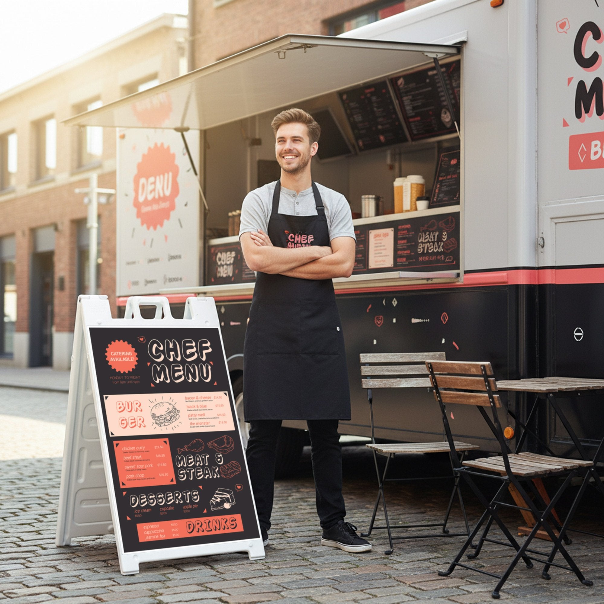 A sandwich board sign for a food truck placed A sandwich board sign for a food truck placed