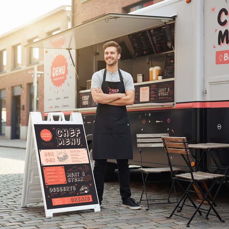 A sandwich board sign for a food truck placed 