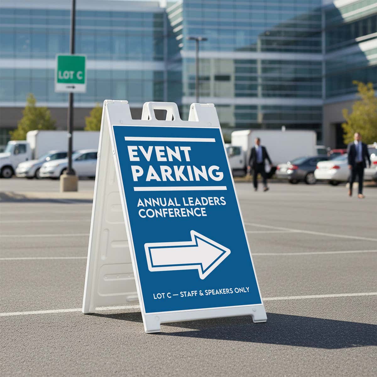 An event parking A-frame sign for an annual leaders conference in a parking lot 