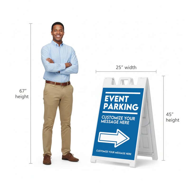 A 67-inch tall man standing next to the 45-inch tall A-frame to show the height comparison