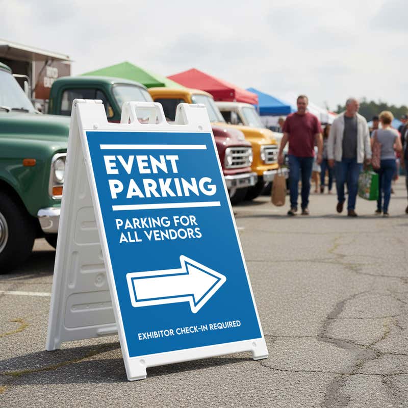 An event parking lot sandwich board for an exhibition displayed in a parking lot 