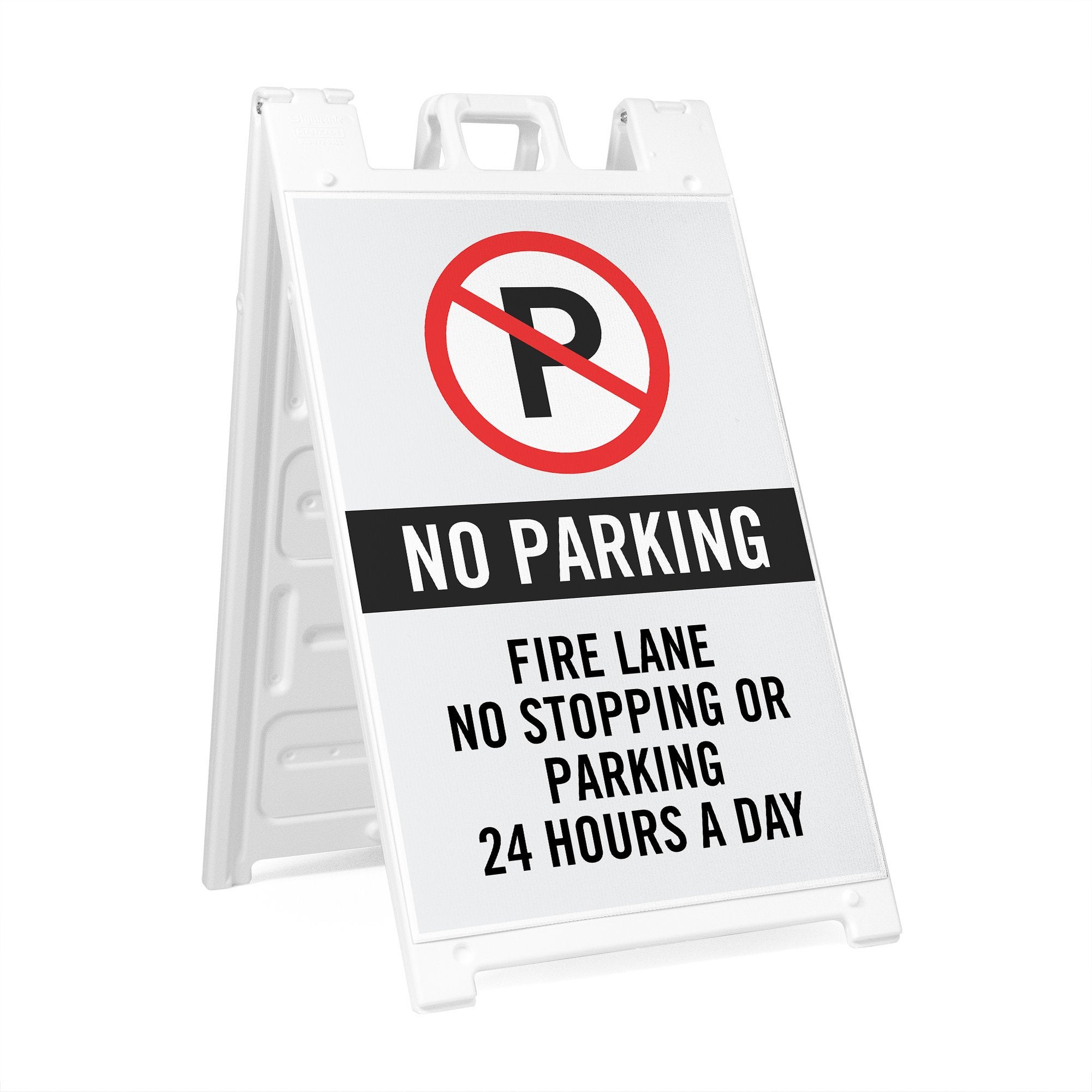 No parking sandwich board sign with a custom message for a fire lane