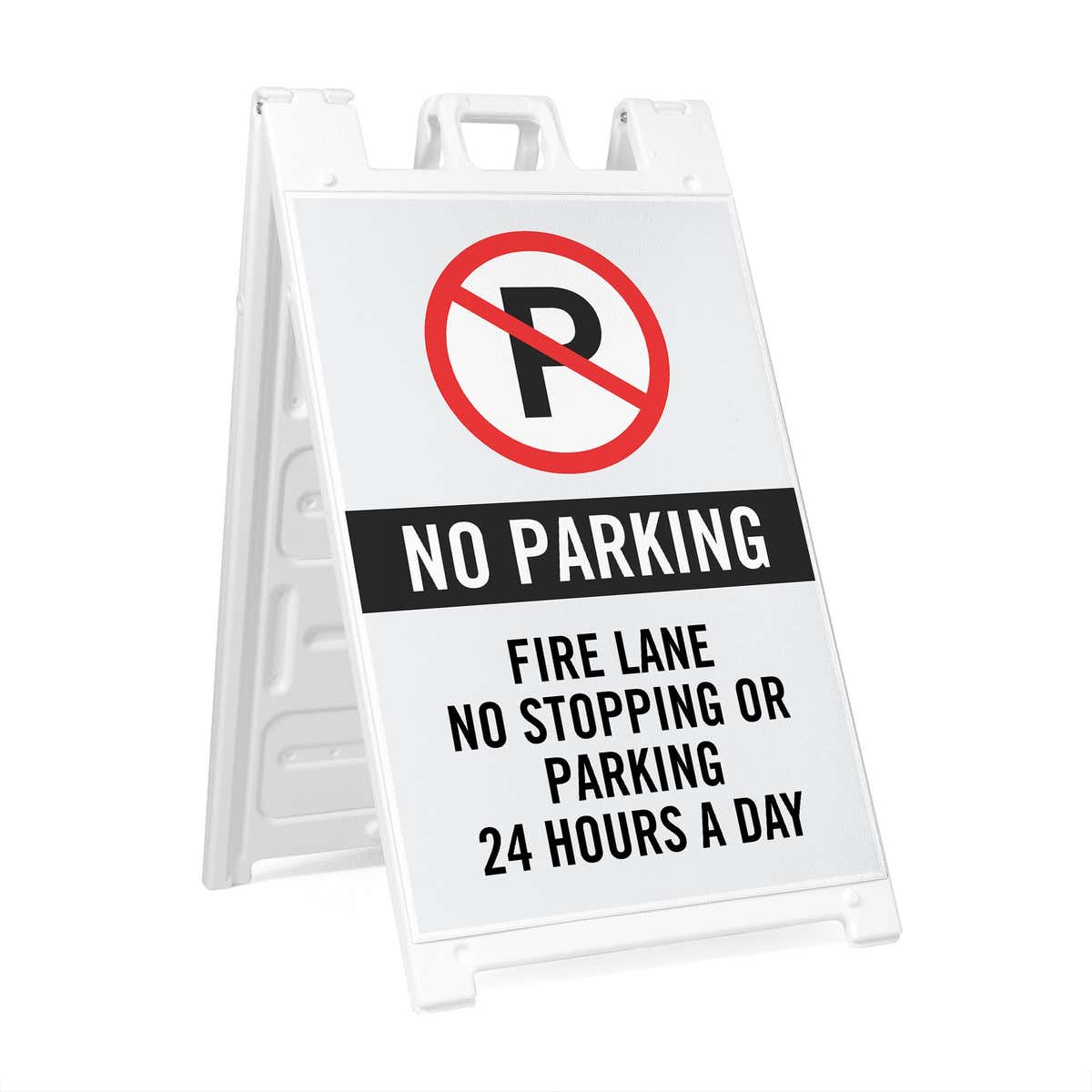 No parking sandwich board sign with a custom message for a fire lane