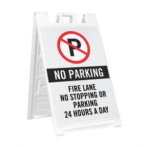 No parking sandwich board sign with a custom message for a fire lane