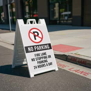 The no parking sandwich board placed by a fire line with custom text that says "Fire lane no stopping or parking 24 hours a day"