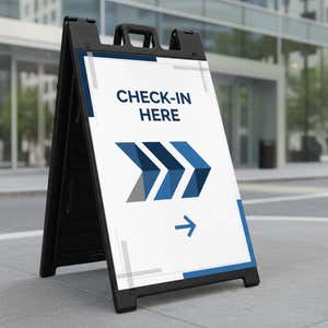 Black sandwich board A-frame sign displaying a custom check-in message outside a business