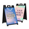 Custom A-frame sandwich board with black frame set up for double-sided promotional display