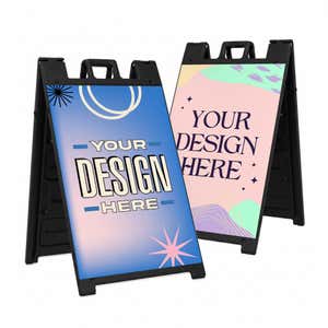 Custom A-frame sandwich board with black frame set up for double-sided promotional display