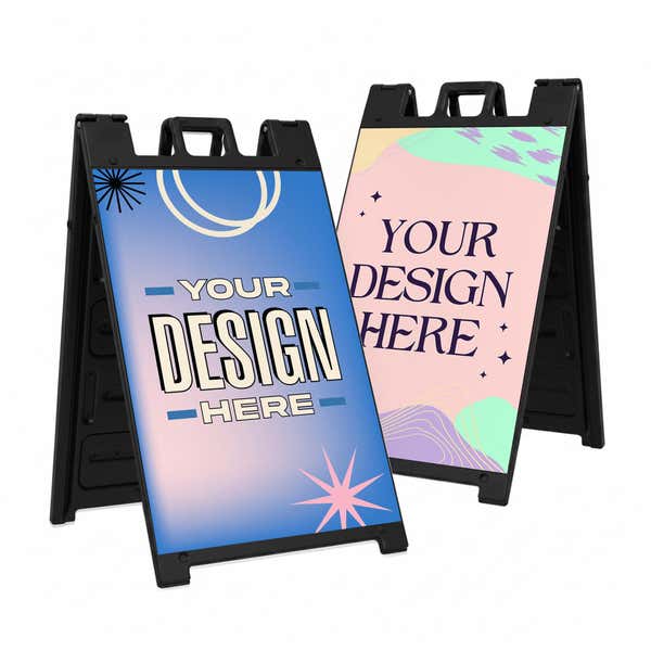 Custom A-frame sandwich board with black frame set up for double-sided promotional display