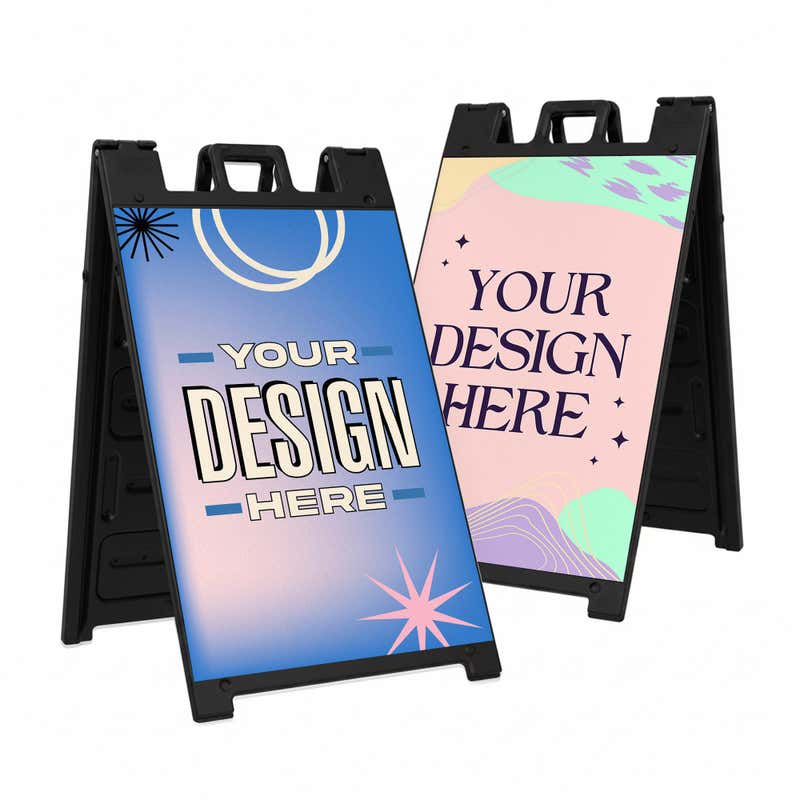 Custom A-frame sandwich board with black frame set up for double-sided promotional display