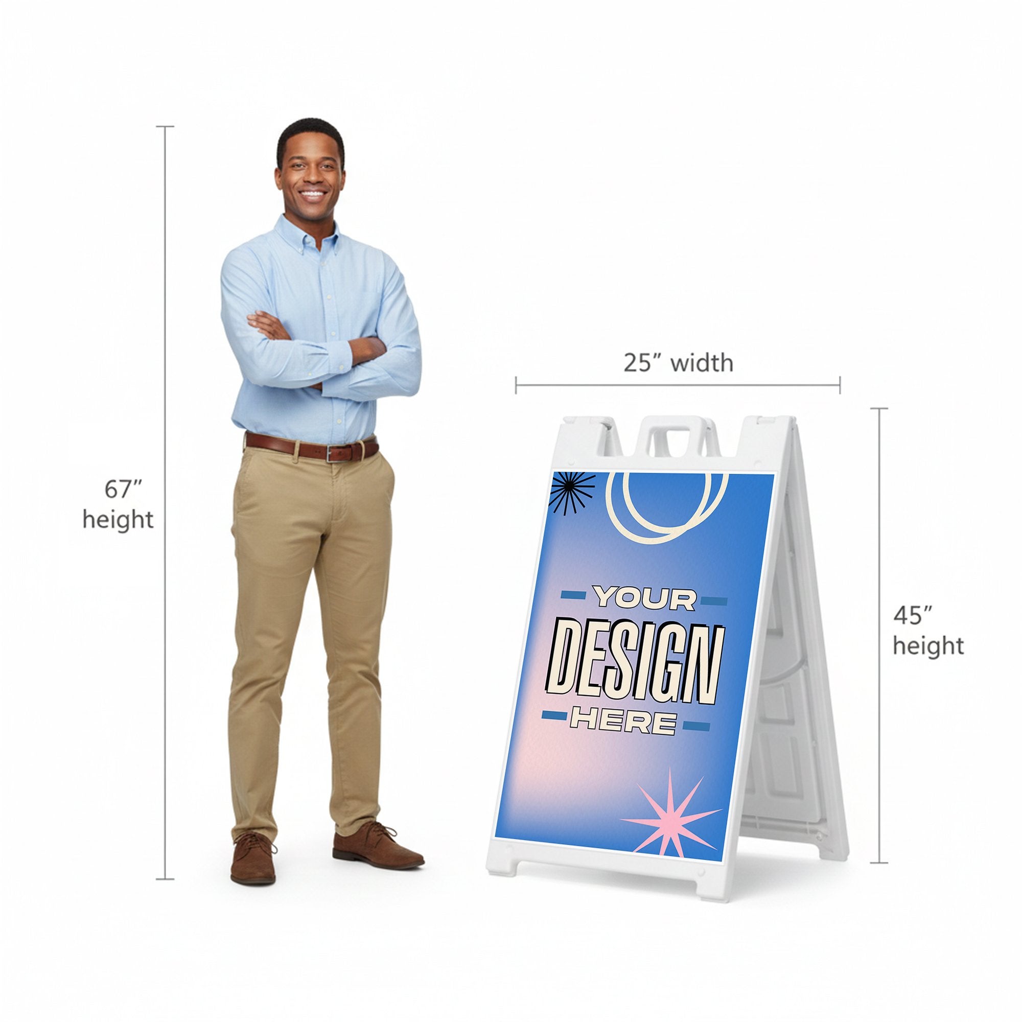 A 67-inch tall man standing next to the 45-inch tall A-frame to show the height comparison A 67-inch tall man standing next to the 45-inch tall A-frame to show the height comparison