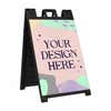 Custom A-frame sign with black frame and single-side custom insert on a storefront sidewalk