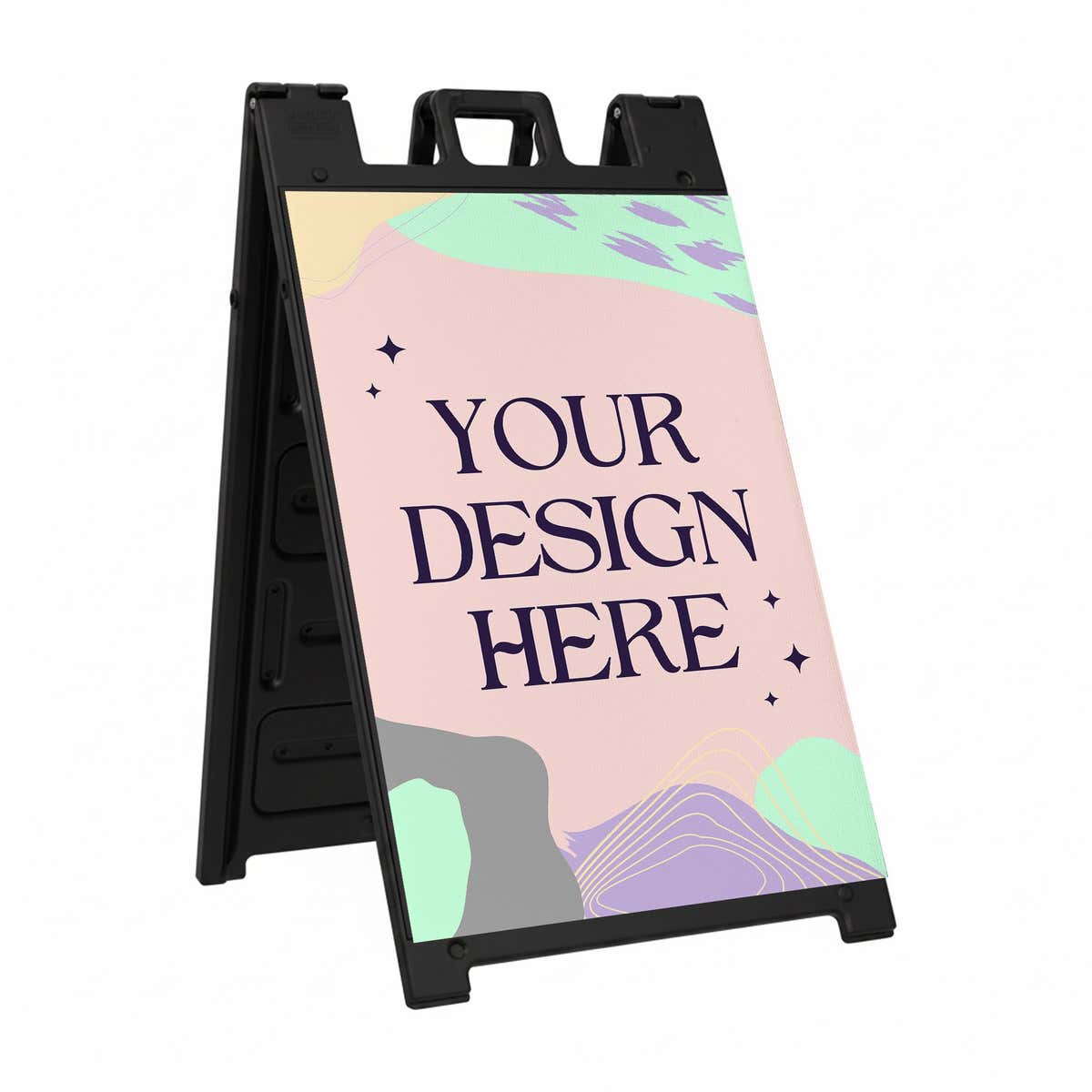 Custom A-frame sign with black frame and single-side custom insert on a storefront sidewalk