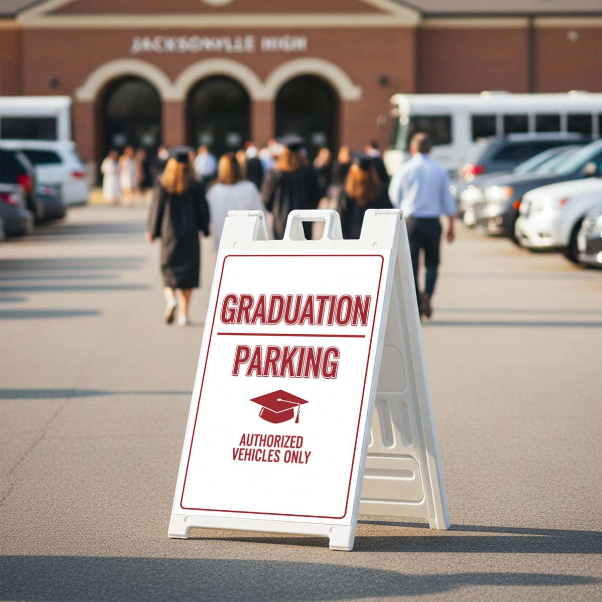 A sandwich board sign to direct graduation parking