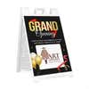 Grand opening sandwich board sign with a logo for an apparel company