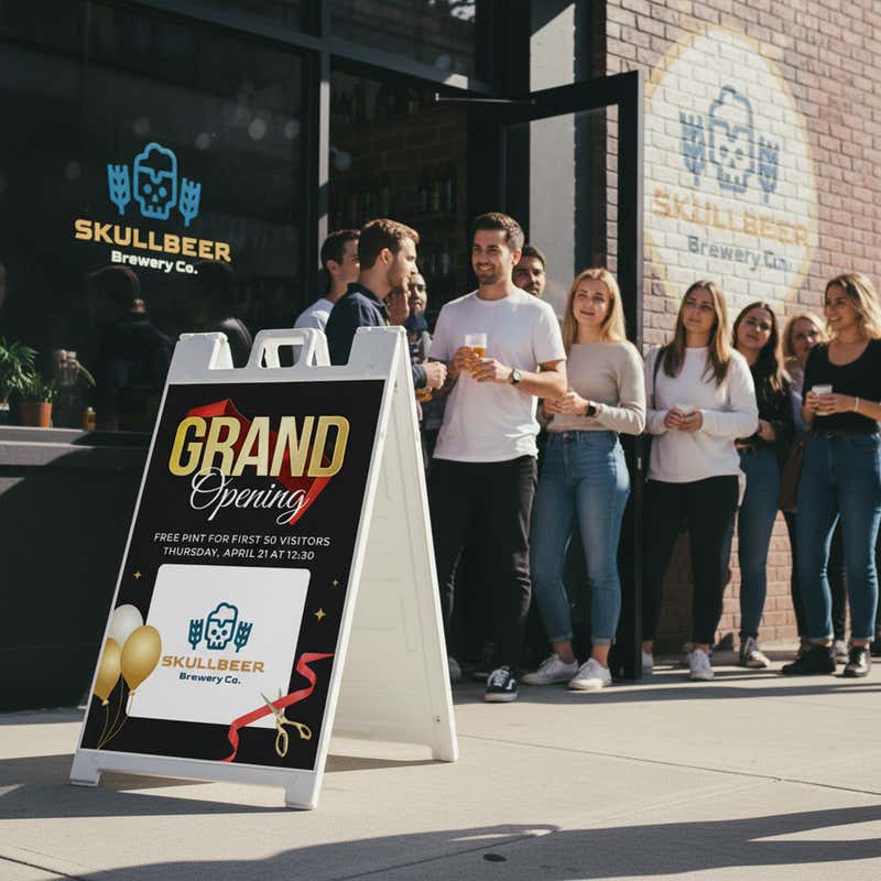 A grand opening A-frame sign placed outside of a new brewery