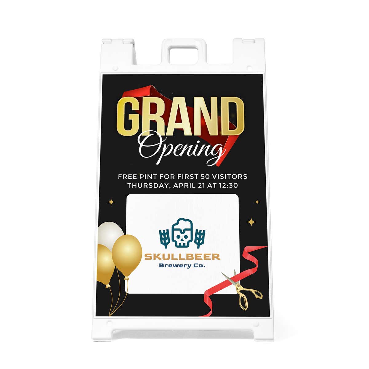 Grand opening sandwich board sign with a logo for a brewery