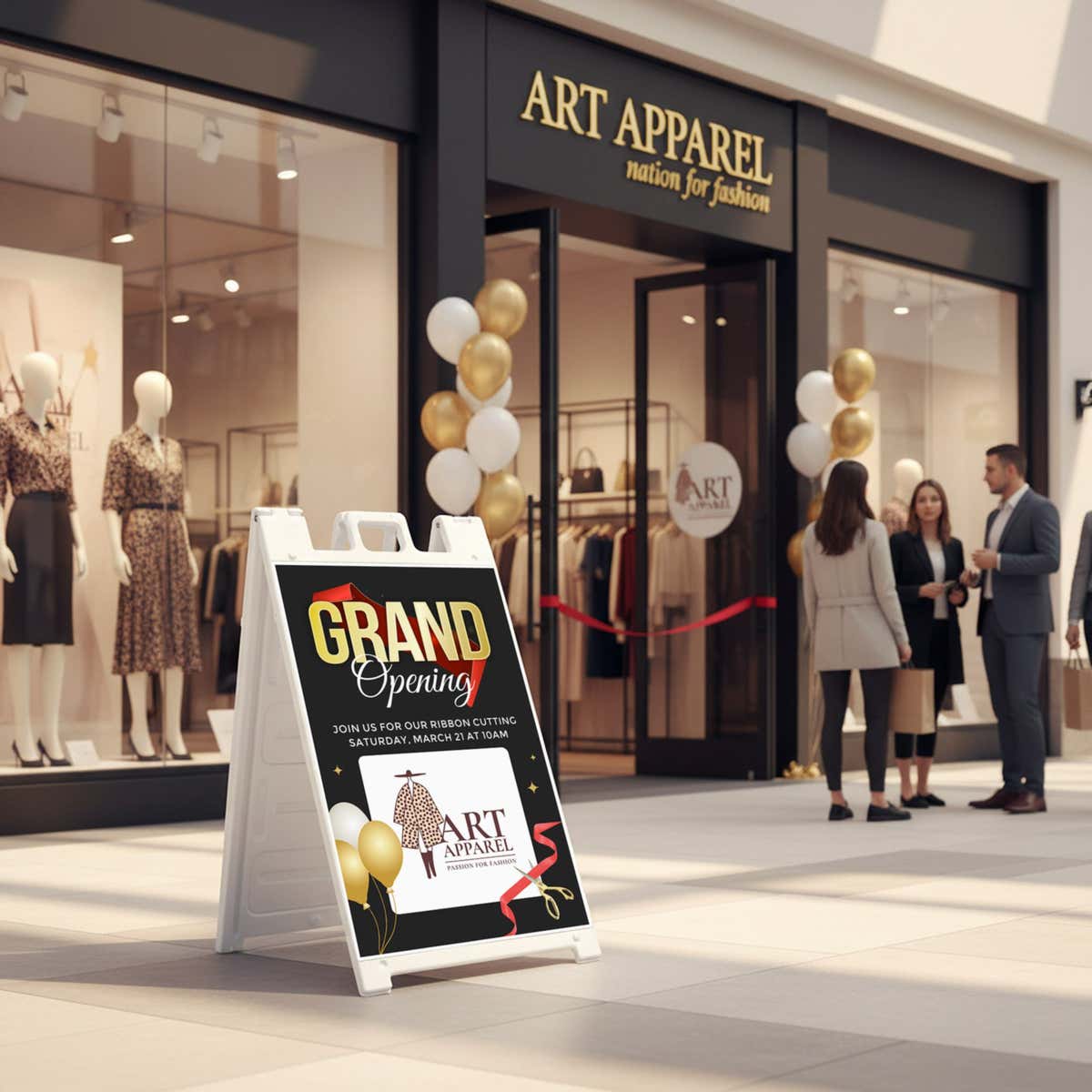 The grand opening sandwich board sign for an apparel company placed by the storefront