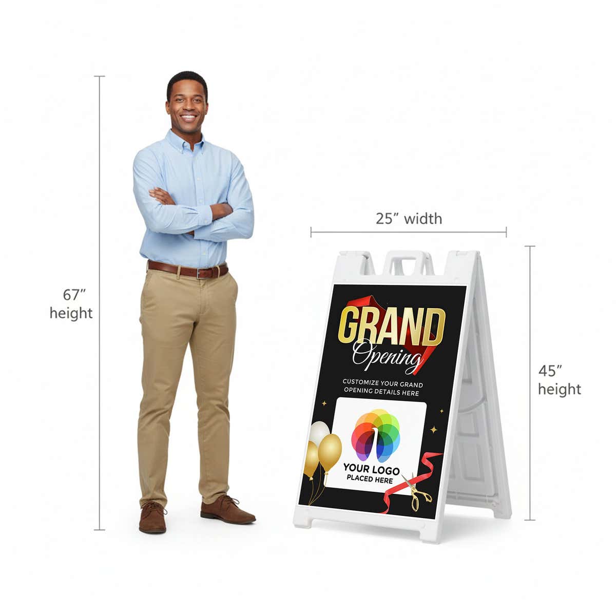 A 67-inch tall man standing next to the 45-inch tall A-frame to show the height comparison