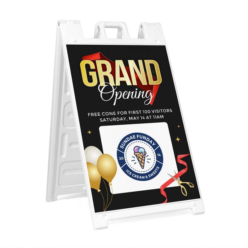 Sandwich board sign for a grand opening for an ice cream shop