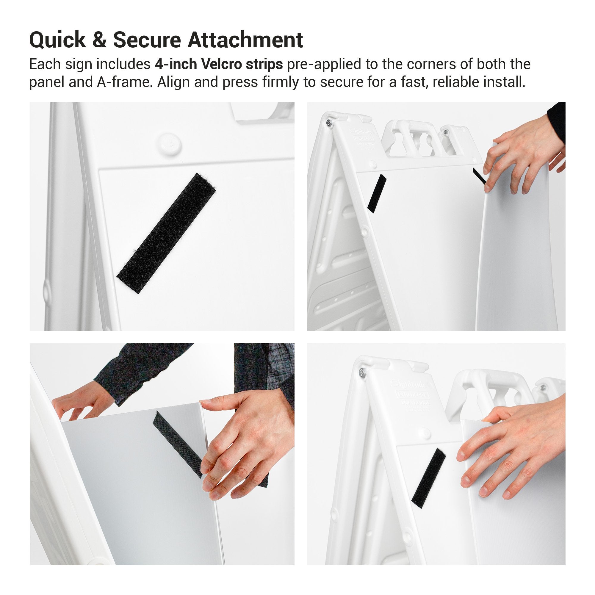 A person removing the sign insert from the frame to show the industry-grade hook-and-loop fasteners that keep the sign from falling off A person removing the sign insert from the frame to show the industry-grade hook-and-loop fasteners that keep the sign from falling off