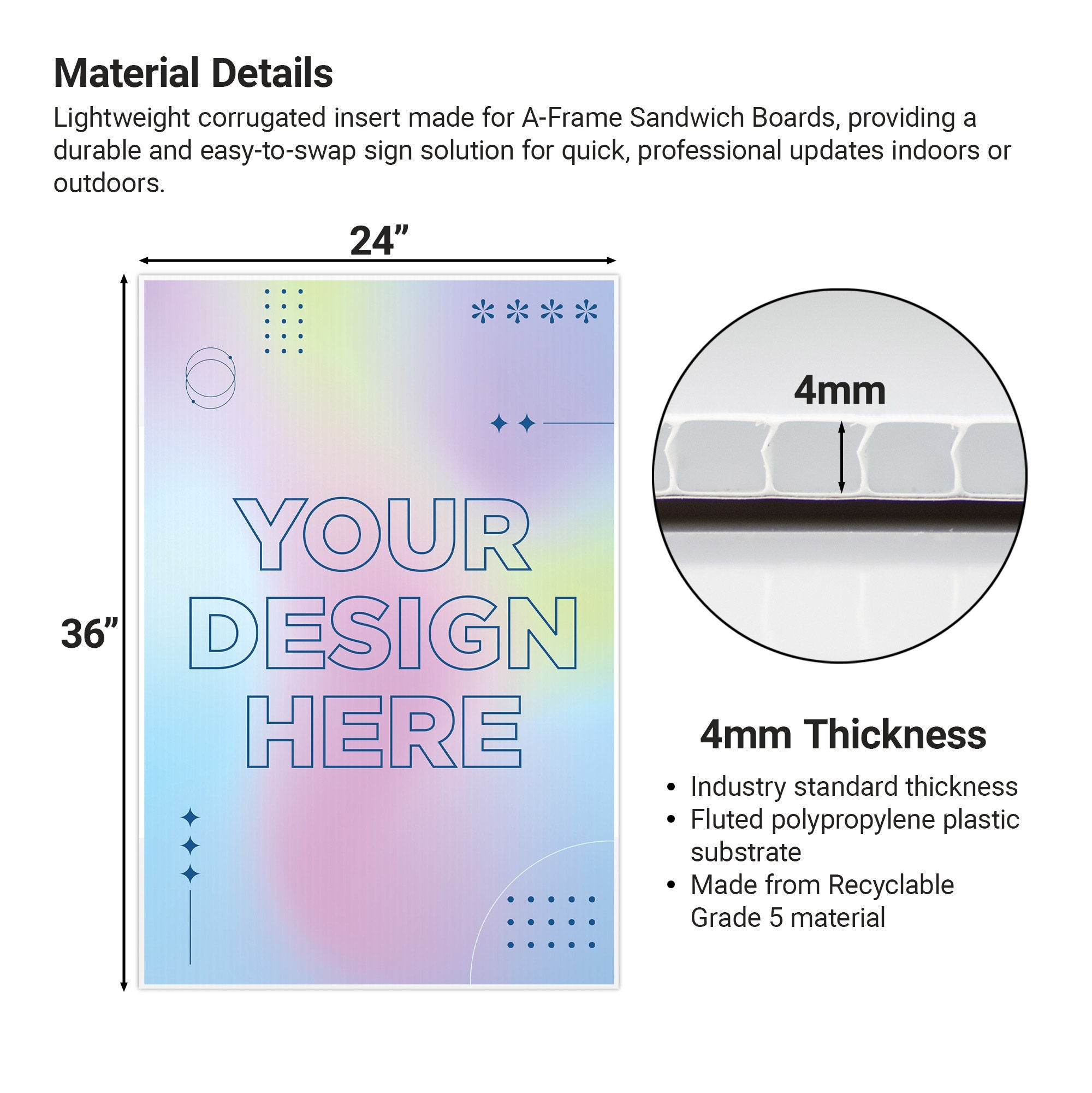 The material details of the 24"x36" corrugated insert that is 4mm thick The material details of the 24"x36" corrugated insert that is 4mm thick