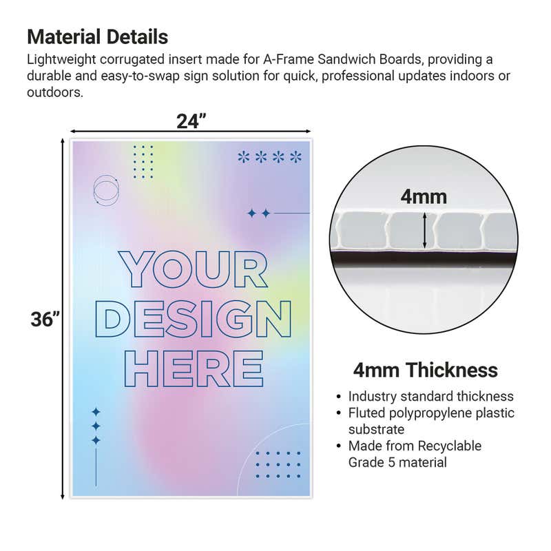 The material details of the 24-inch by 36-inch corrugated insert that is 4mm thick