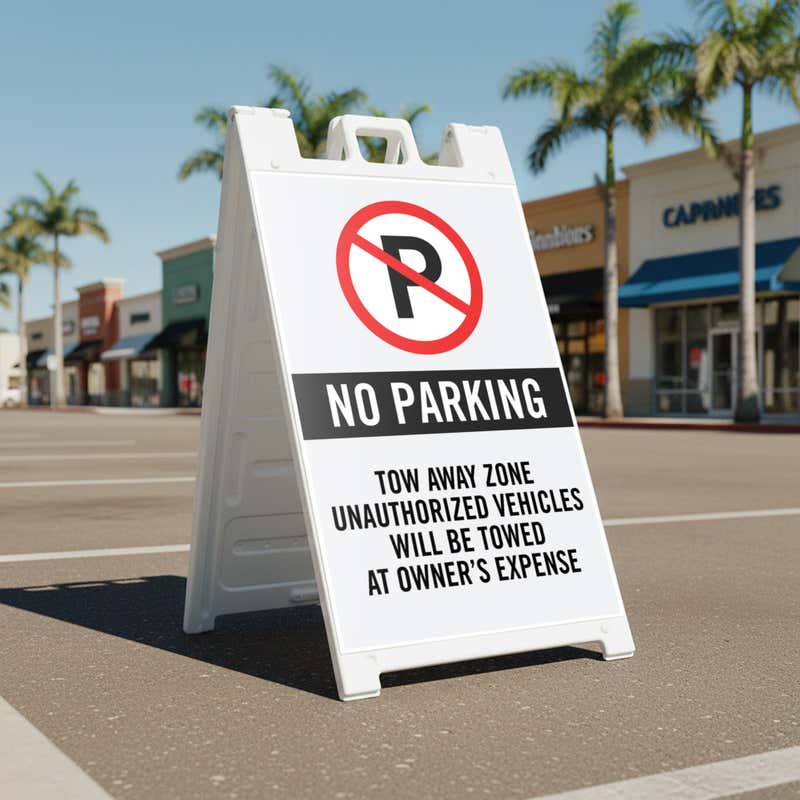 A no parking sandwich board placed in a parking space with a custom tow away zone message