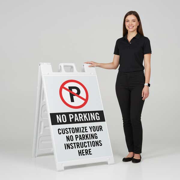 A woman standing next to the no parking sidewalk sign with her hand on the top of the sign