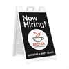 A now hiring sidewalk sign for a cafe with their logo and custom text