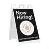 Now hiring sandwich board sign for a beauty boutique with a custom message at the bottom