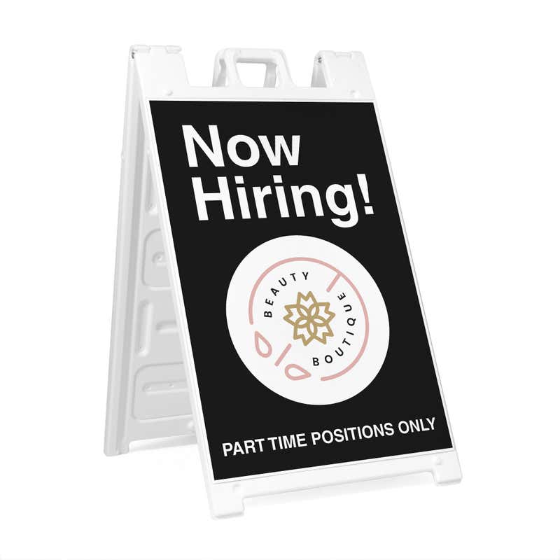 Now hiring sandwich board sign for a beauty boutique with a custom message at the bottom