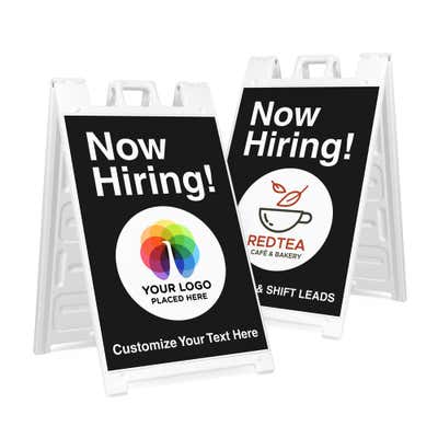 Now hiring sandwich board signs with two different logos