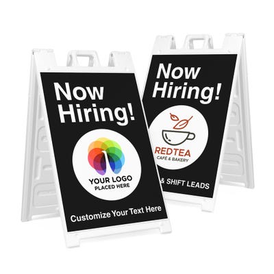 Now hiring sandwich board signs with two different logos