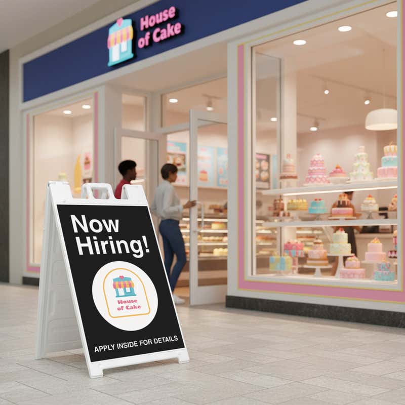 A now hiring A-frame sign in front of a bakery