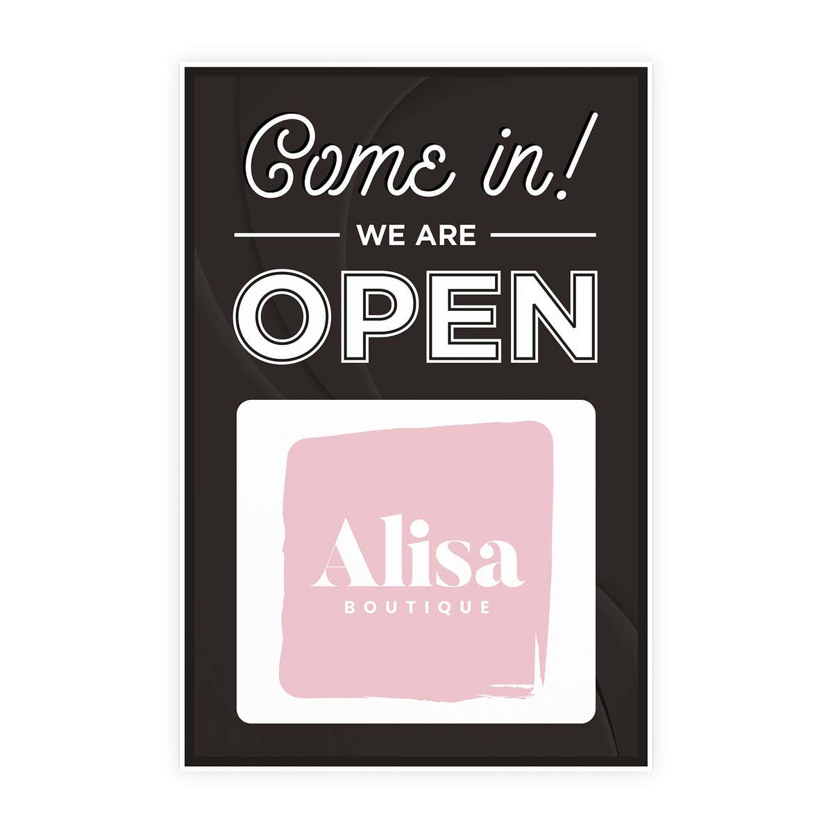 A sandwich board sign for a boutique that says We Are Open and features their logo