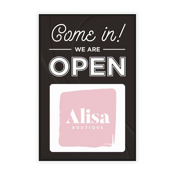 A sandwich board sign for a boutique that says We Are Open and features their logo