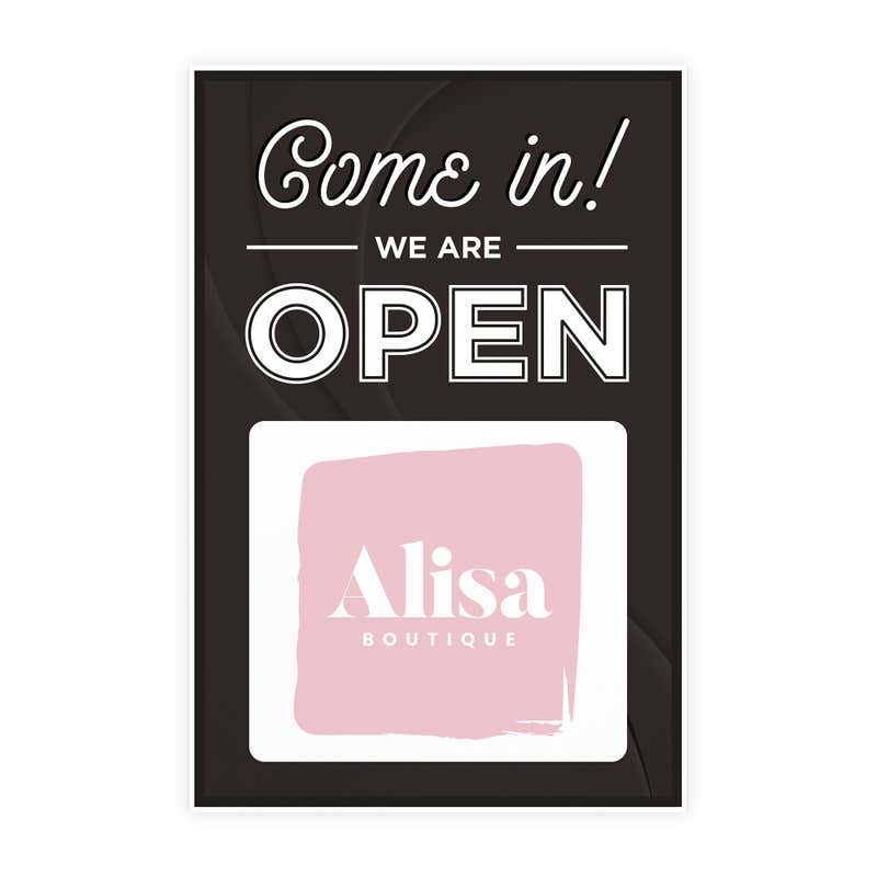 A sandwich board sign for a boutique that says We Are Open and features their logo