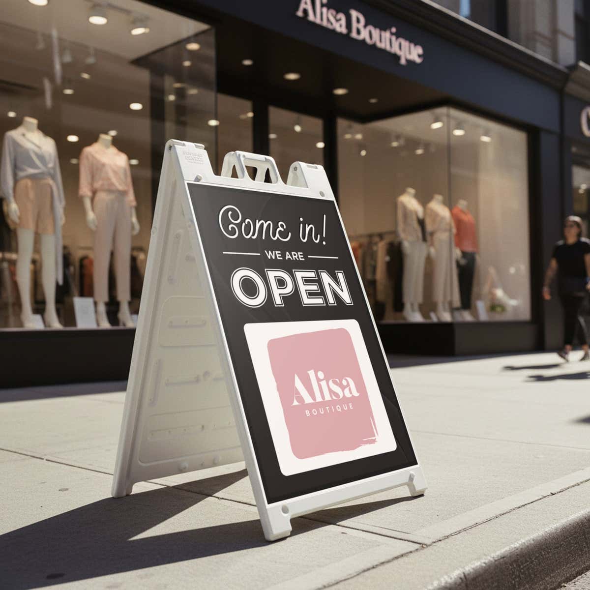 A sidewalk sign displayed outside of a boutique that says We Are Open and features their logo