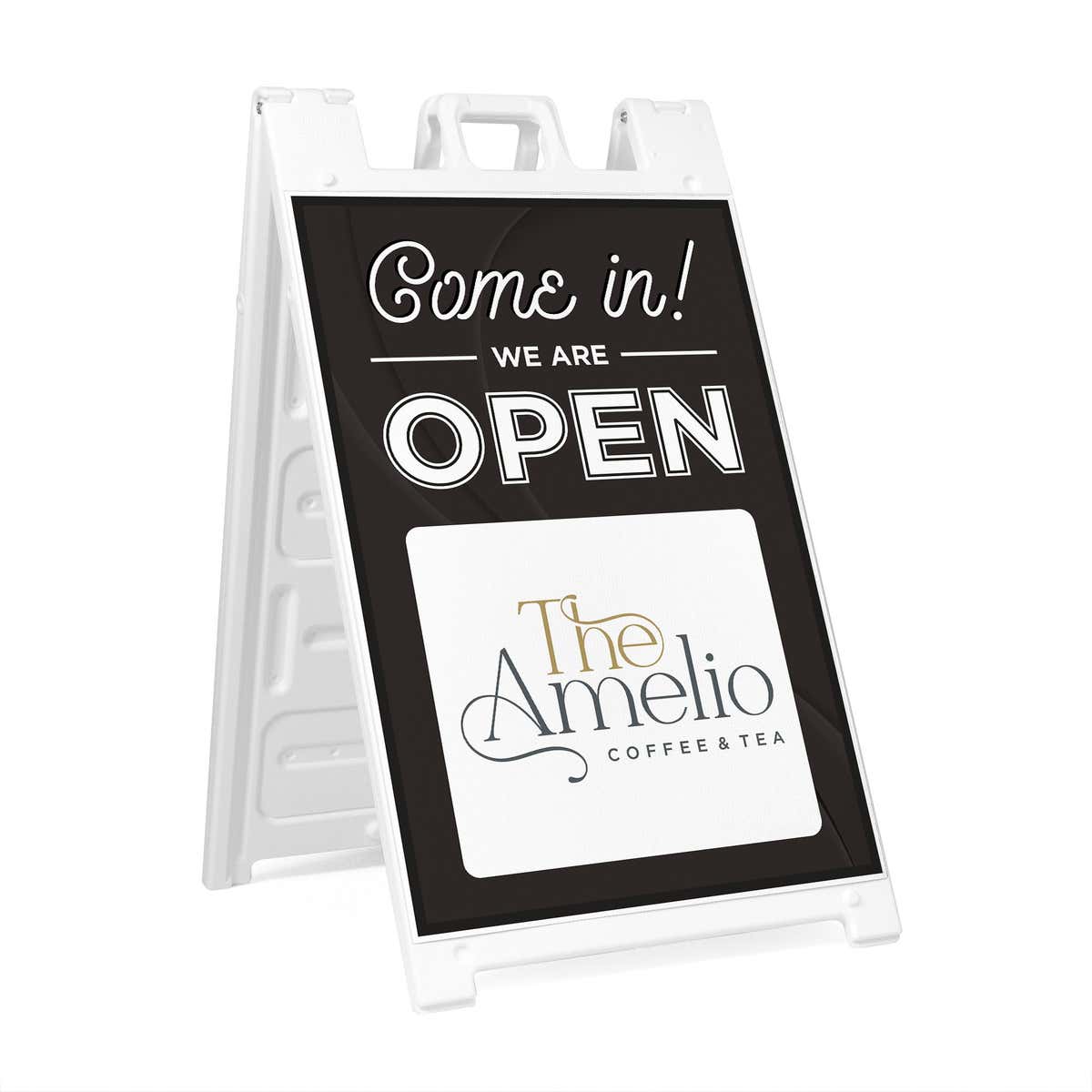 A We Are Open sandwich board sign for a coffee and tea shop