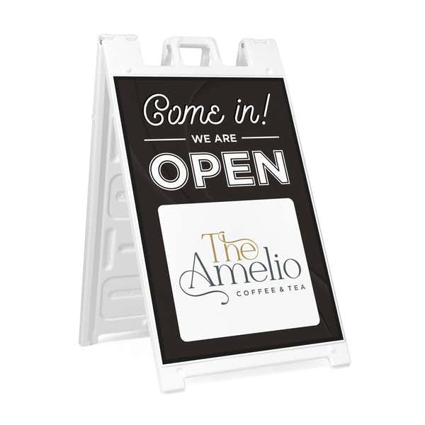 A We Are Open sandwich board sign for a coffee and tea shop