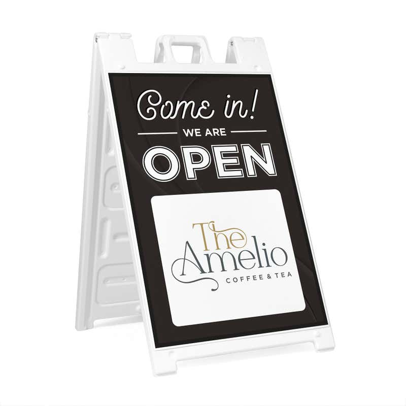 A We Are Open sandwich board sign for a coffee and tea shop
