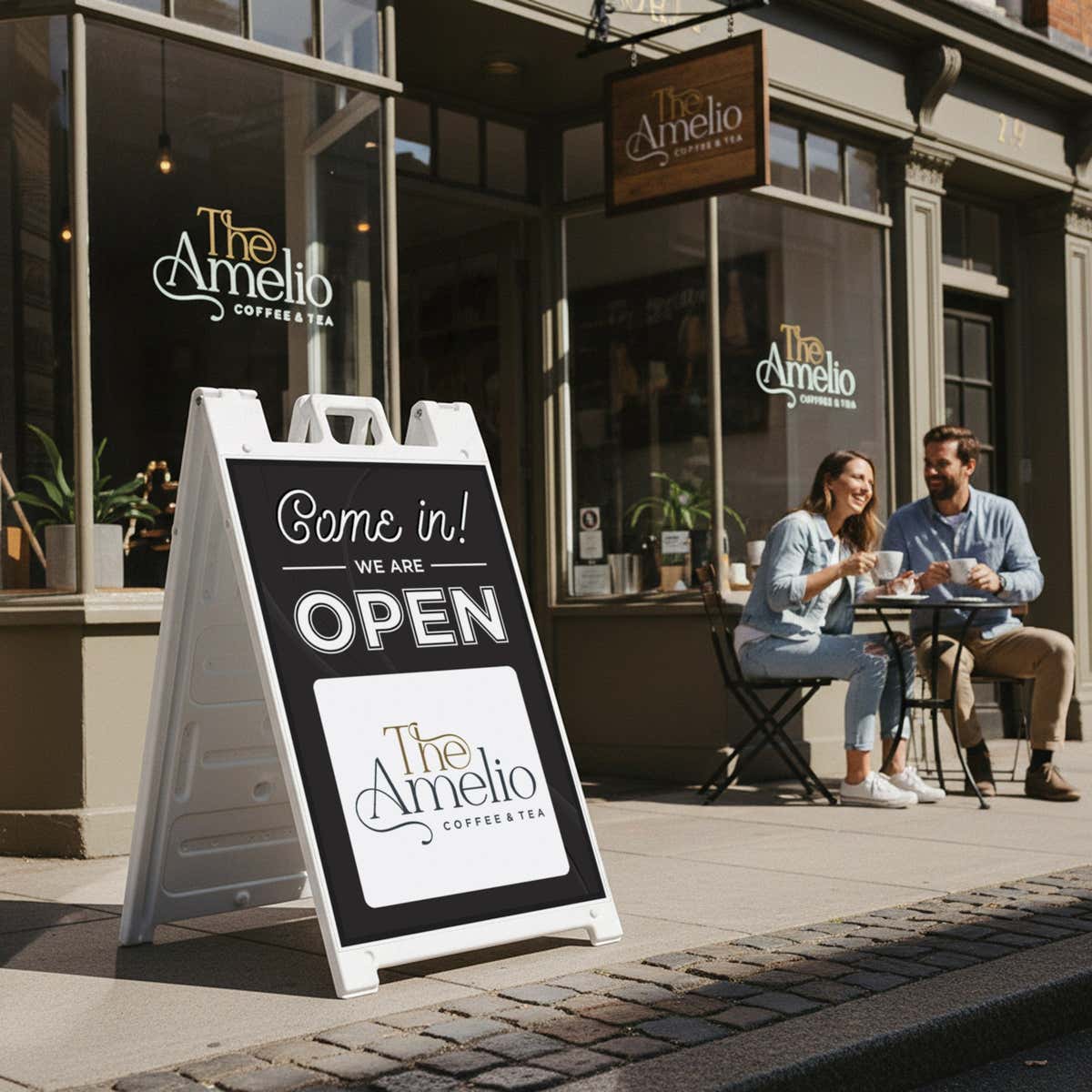 A We Are Open sandwich board sign displayed in front of a coffee shop with their logo on the sign
