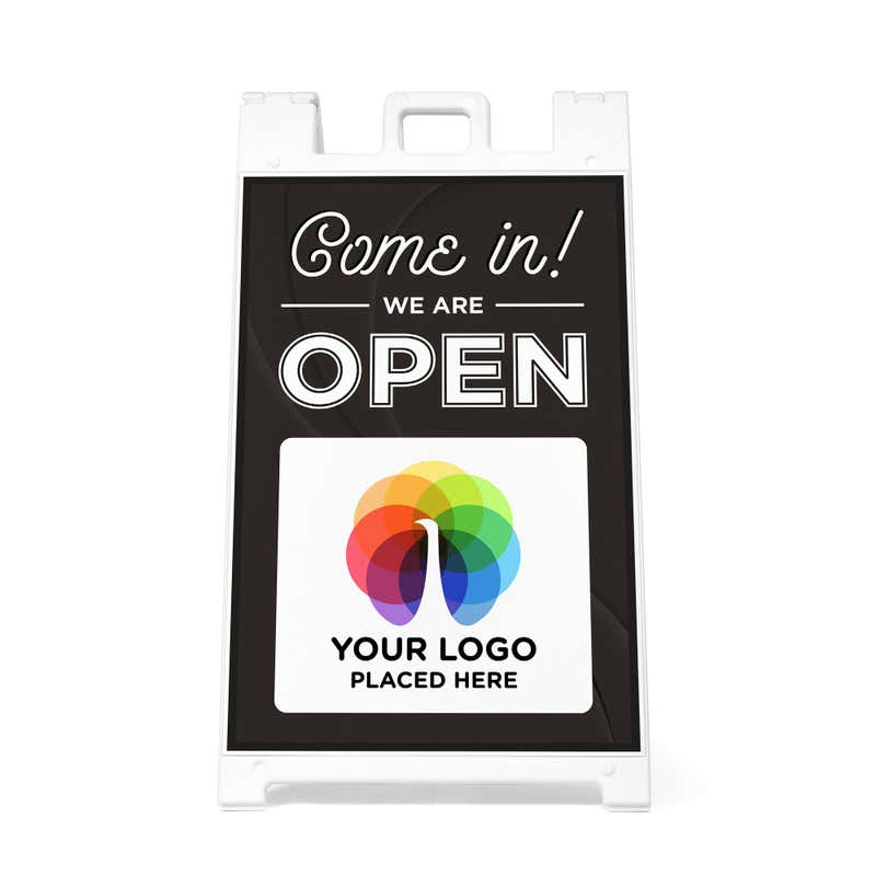 The front-facing view of a custom We Are Open sandwich board sign that shows where the uploaded logo will go